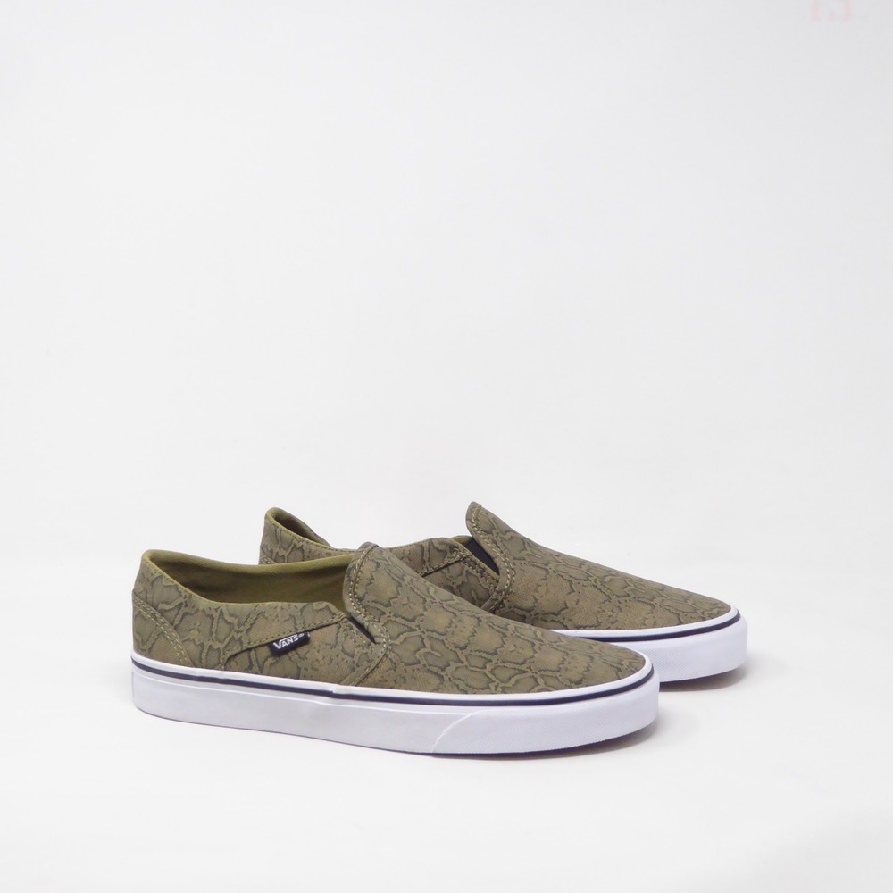 Vans Women Asher Slip-On Sneakers Olive Green Snakeskin Print 9.5